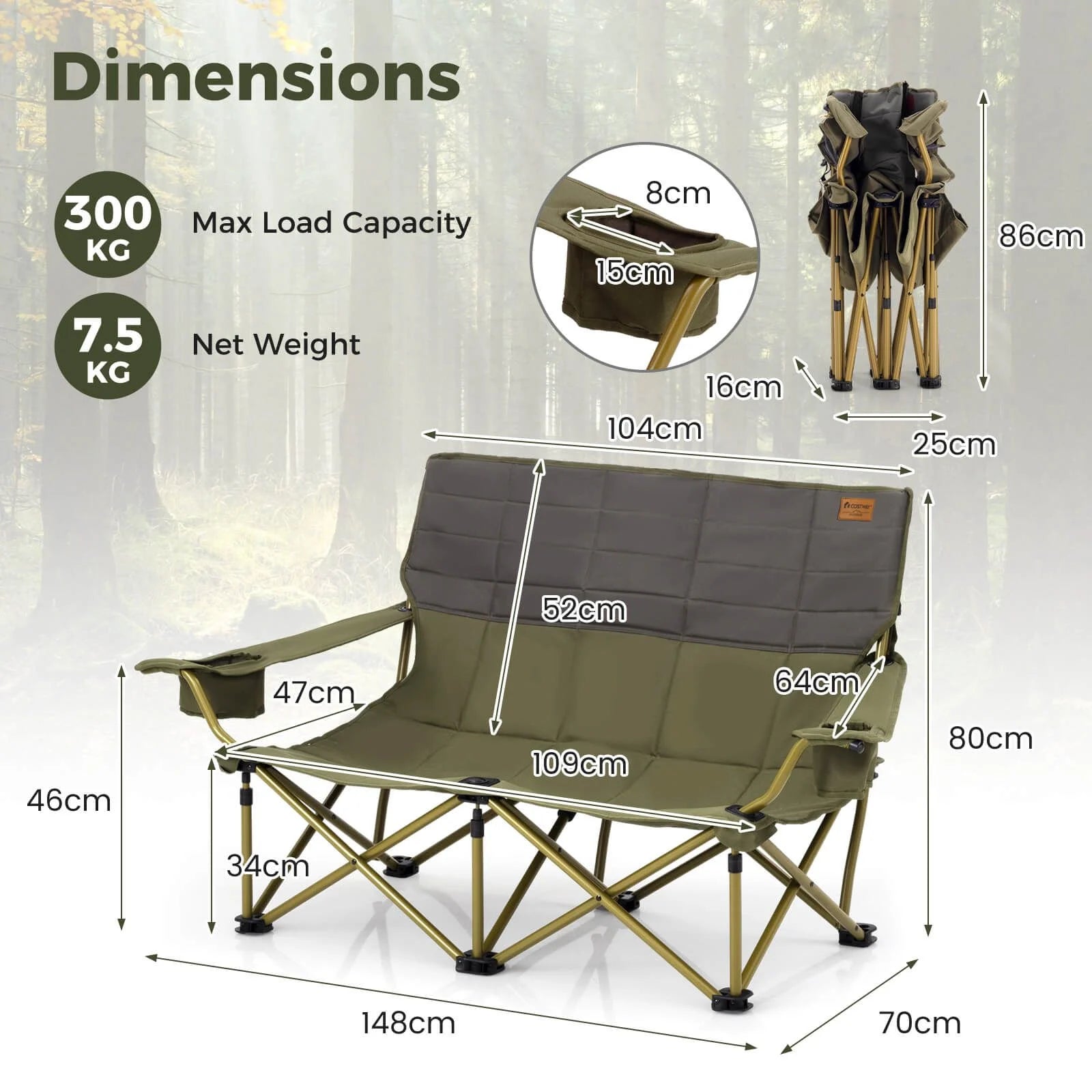 Oversized Camping Chair Folding Camping Couch with Cup Holders